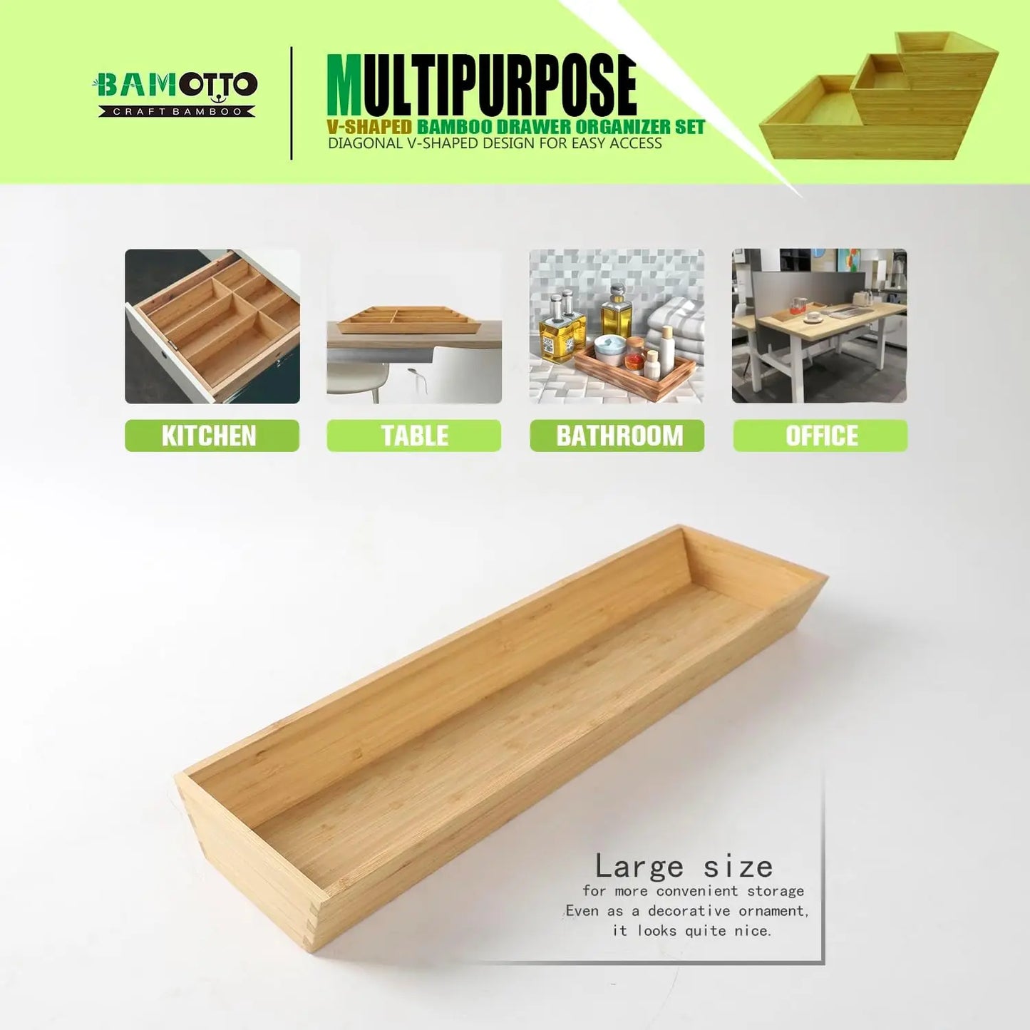 Bamboo Drawer Organizer Set for Kitchen Cutlery and Utensils