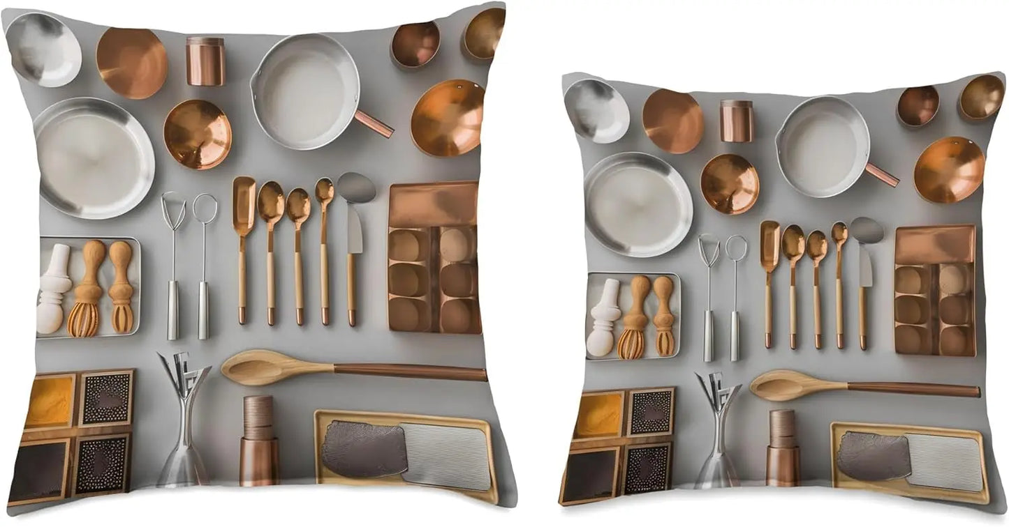Kitchen Utensils and Cookware Design Throw Pillow for Cooking Lovers