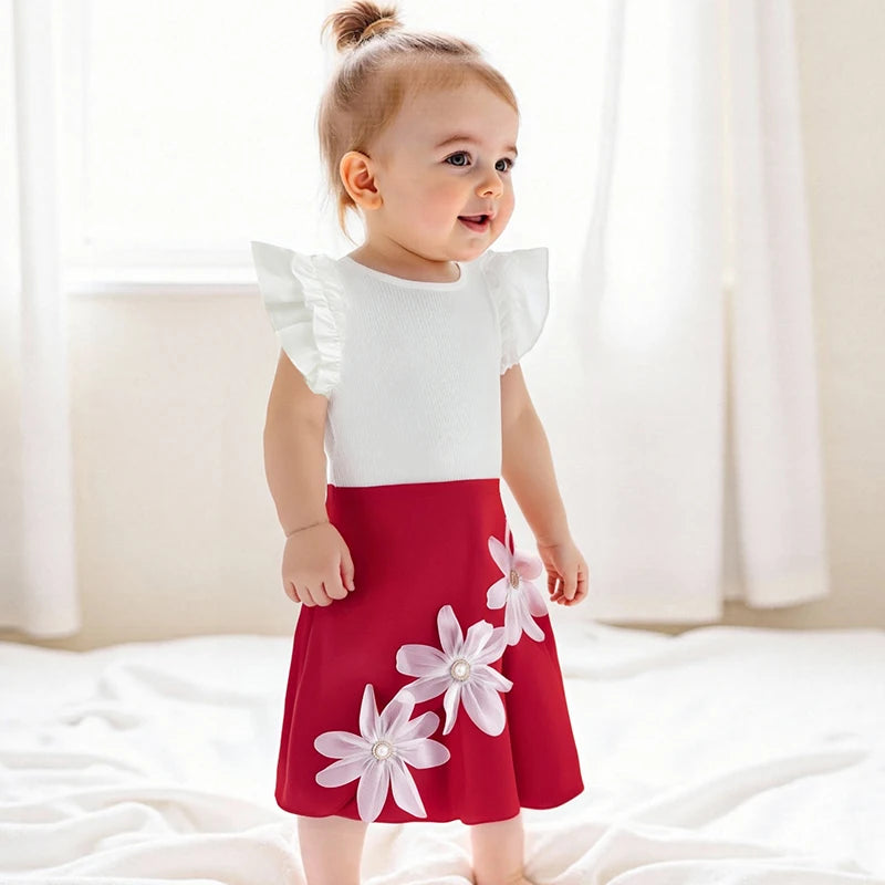 Emmababy Girls Summer Outfit Set Floral Skirt T Shirt Kids
