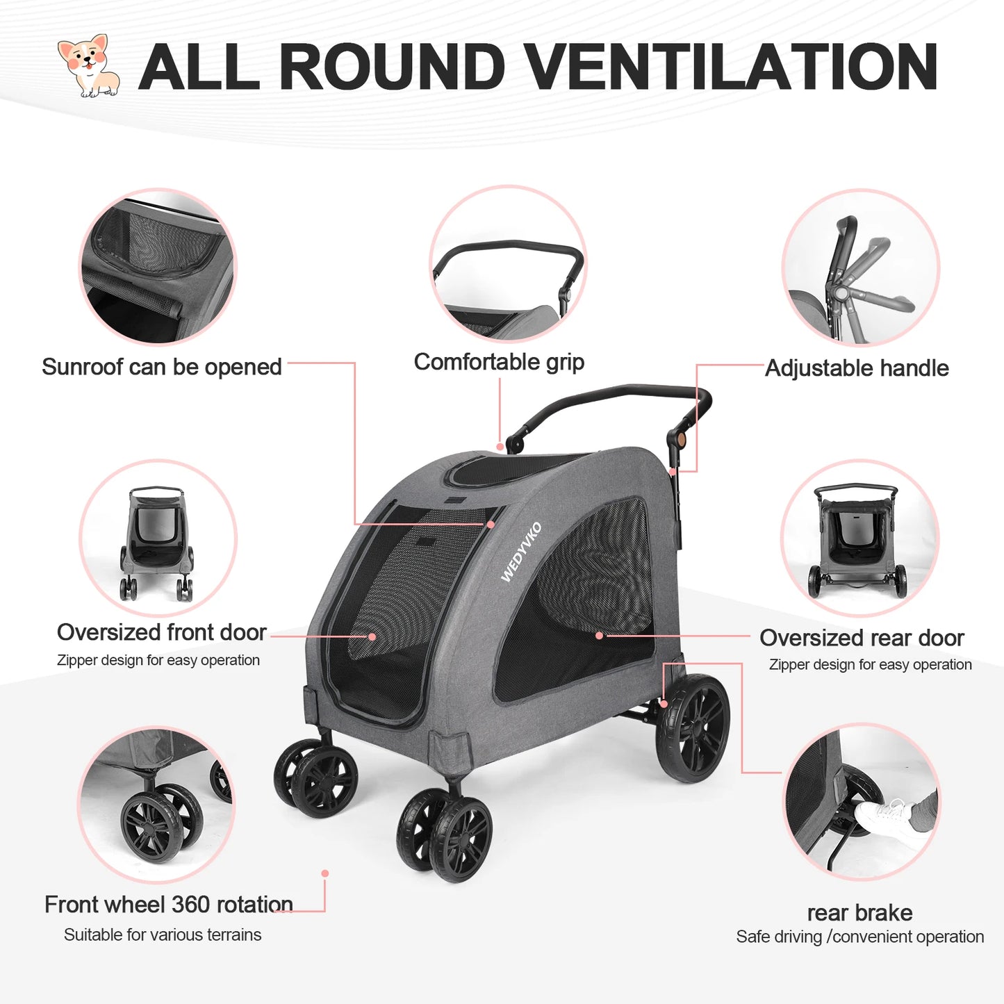 Premium Pet Stroller With Three Wheels For Dogs And Cats