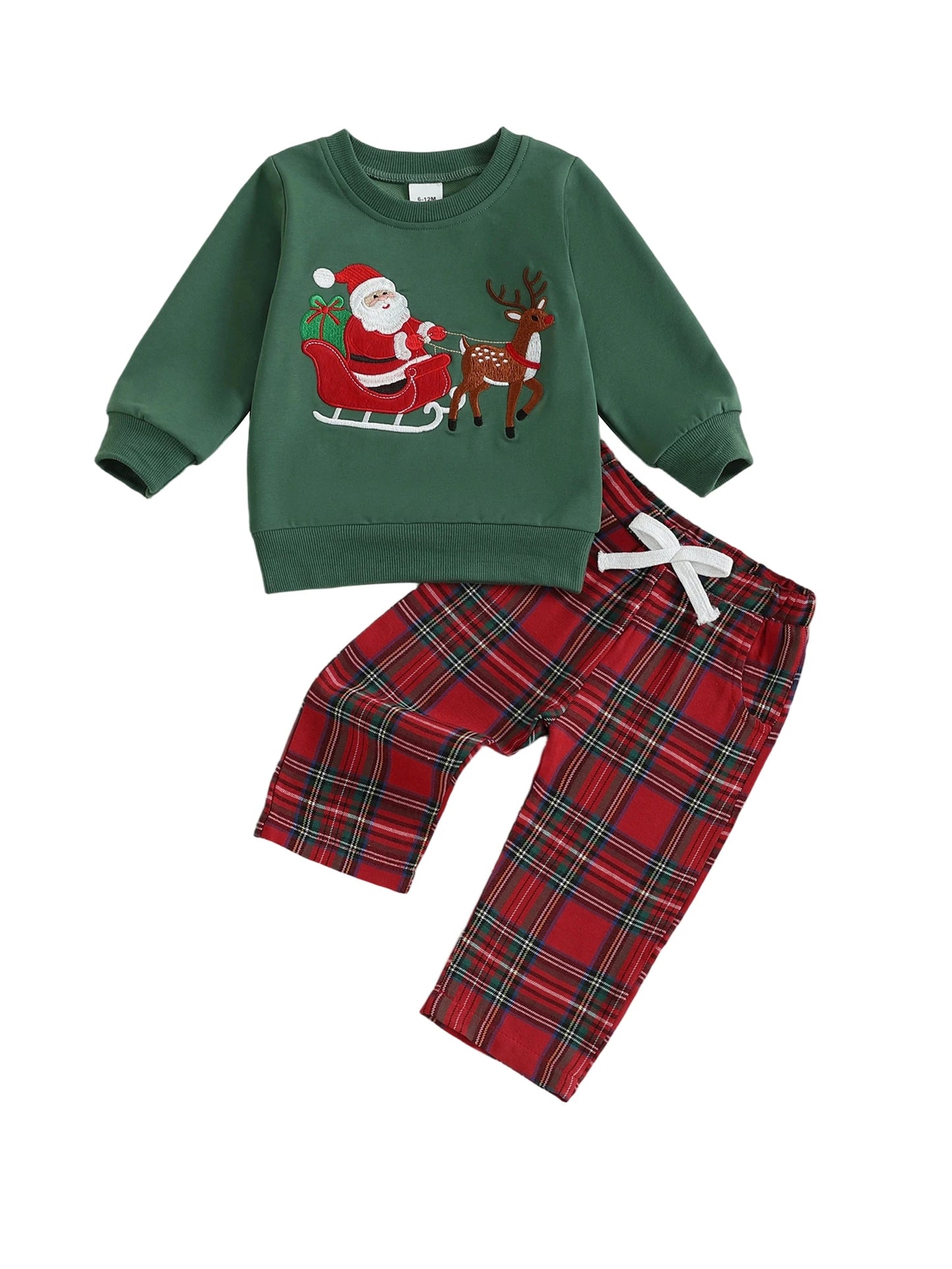 Premium BabyBoyHoliday ChristmasReindeer AppliqueKnit Sweater Tartan Jogger TwoPiece OutfitSet Collection