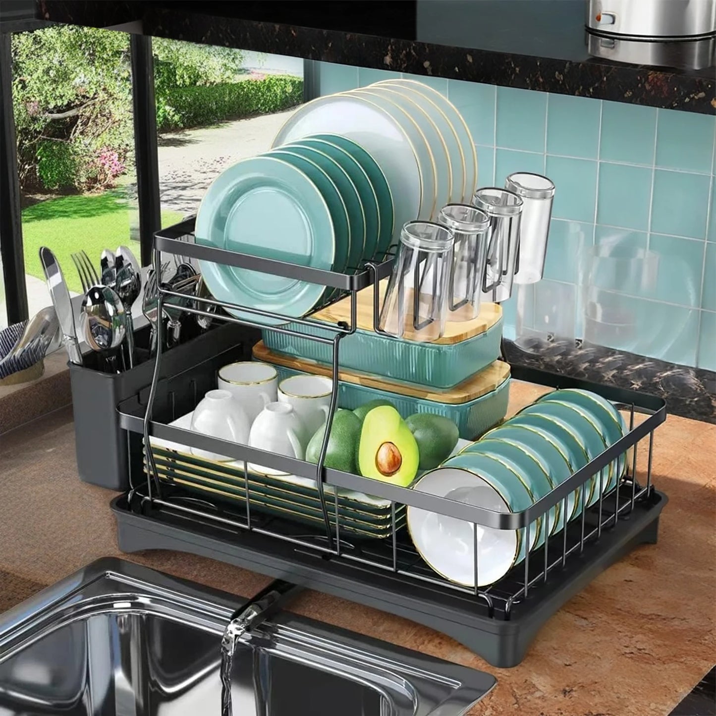 Hign-concerned Two-Tier Dish Drying Rack Metal for Kitchen