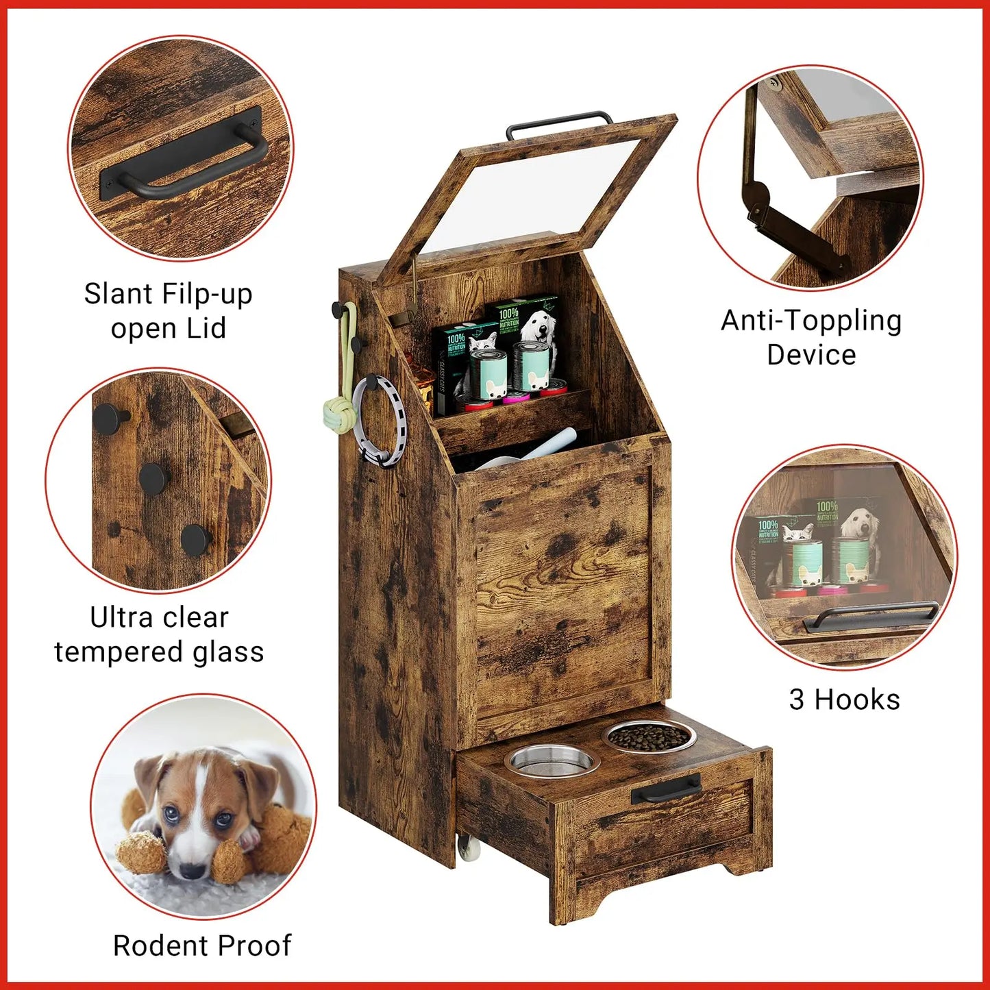 Dog Food Storage Cabinet With Flip Top And Leash Hooks