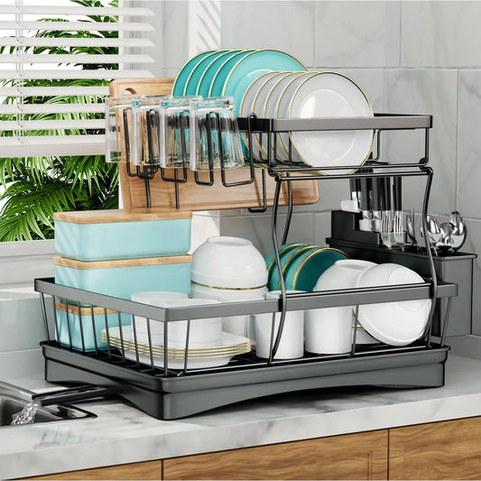 Hign-concerned Two-Tier Dish Drying Rack Metal for Kitchen