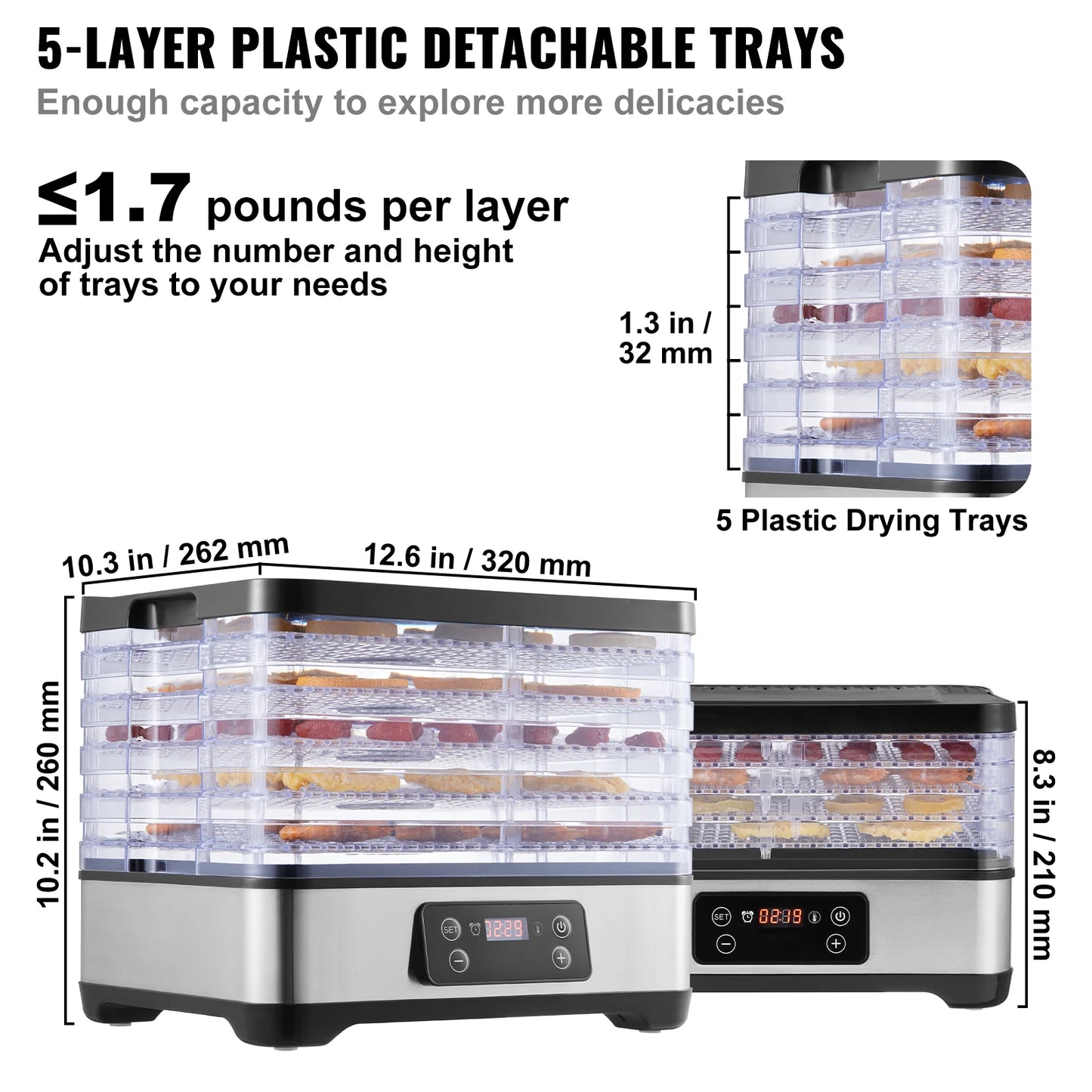 VEVOR 5 Tray Food Dehydrator Machine With Digital Timer
