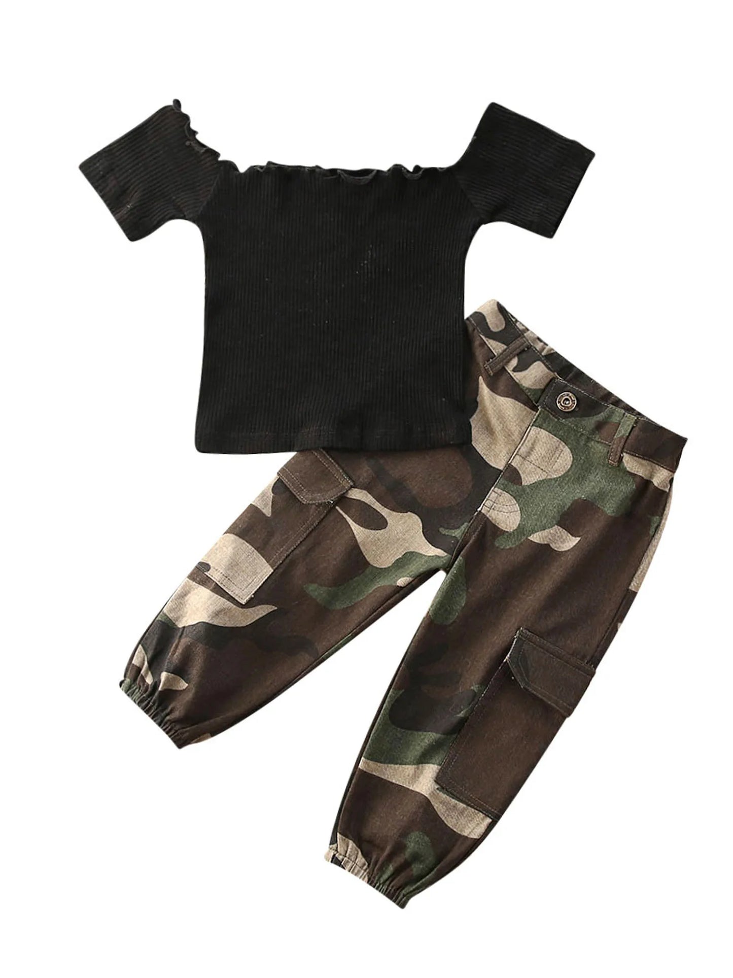 Pudcoco Toddler Girl Boat Neck Crop Top Camouflage Pants