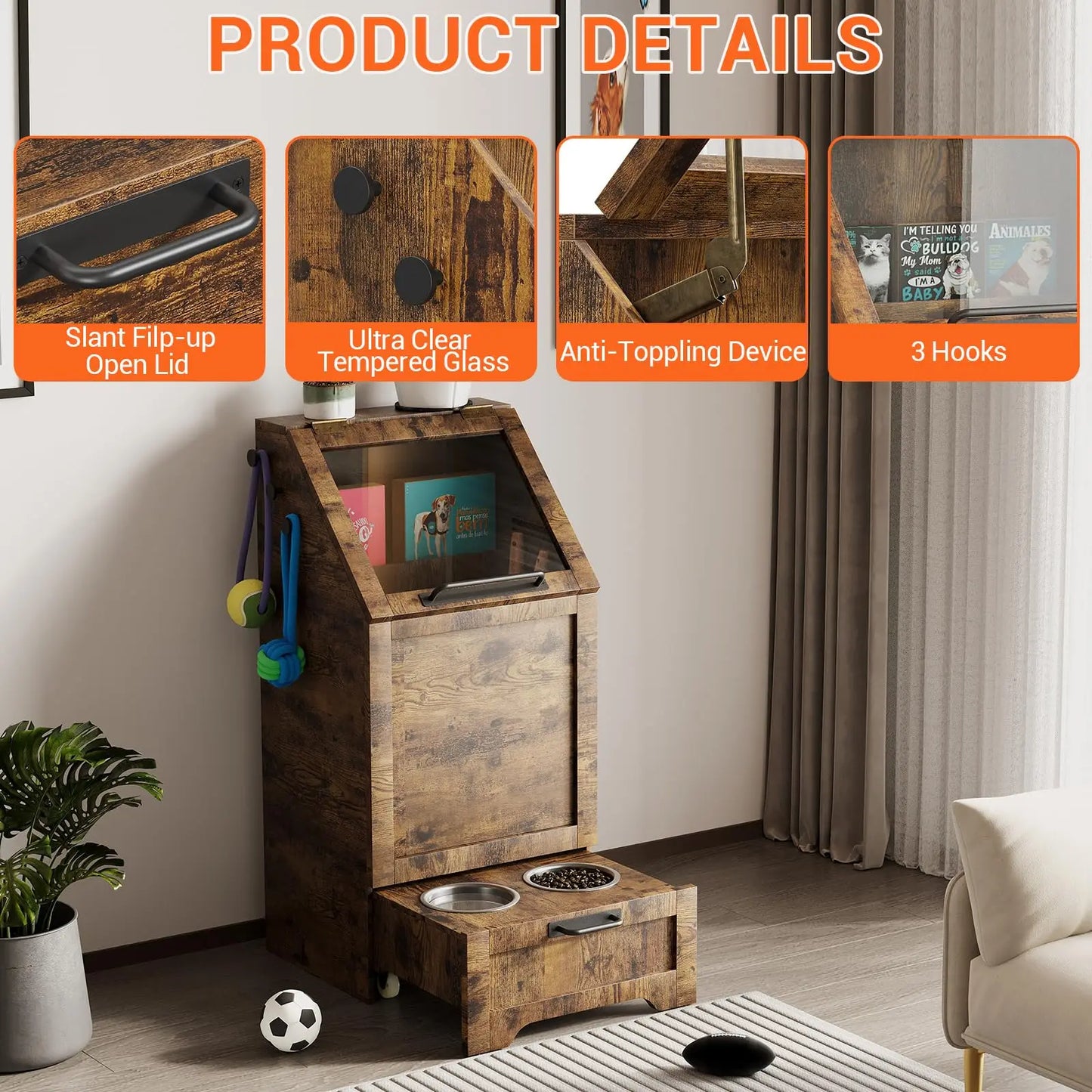 Dog Food Storage Cabinet With Flip Top And Leash Hooks