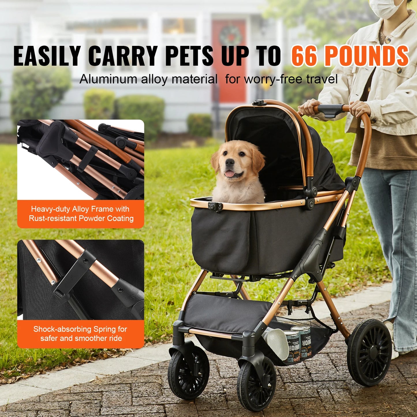 Foldable Dog Stroller with Brakes and Detachable Carrier