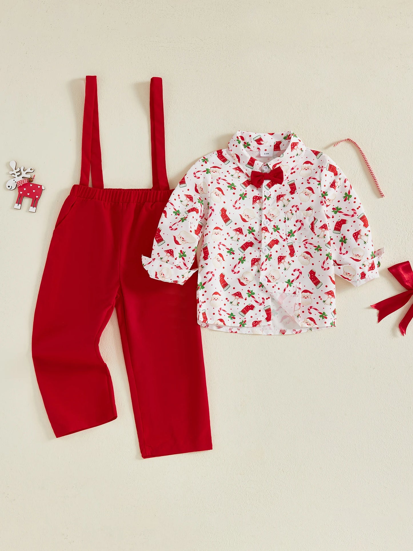 Guangdong Gingerbread Print Shirt And Overalls Set For Boys