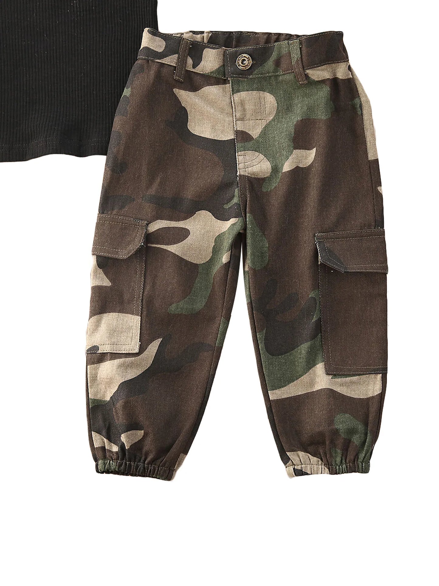 Pudcoco Toddler Girl Boat Neck Crop Top Camouflage Pants