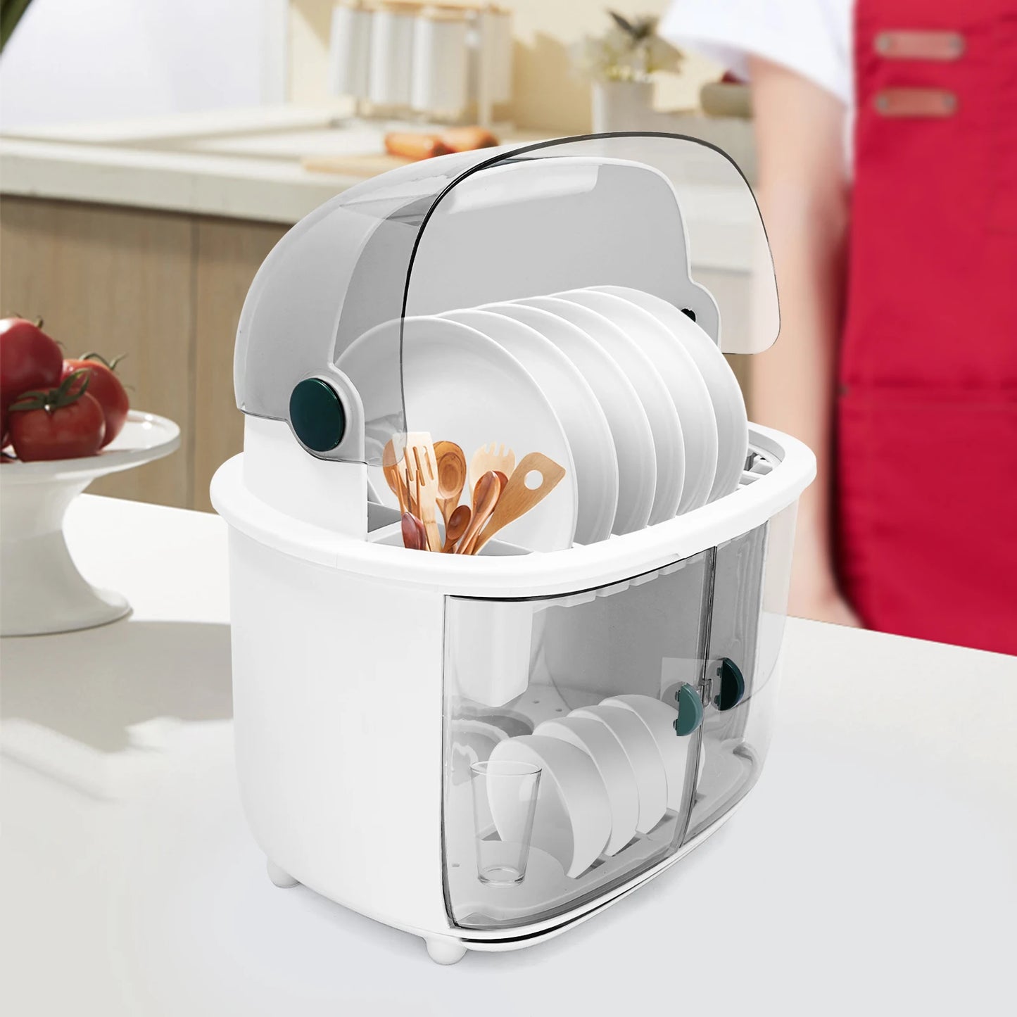 Two Tier Plastic Dish Drying Rack With Dust Cover System