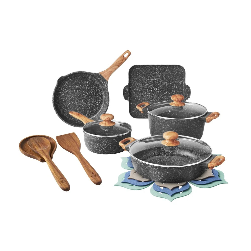 14 Piece Nonstick Cast Aluminum Cookware Set with Glass Lids