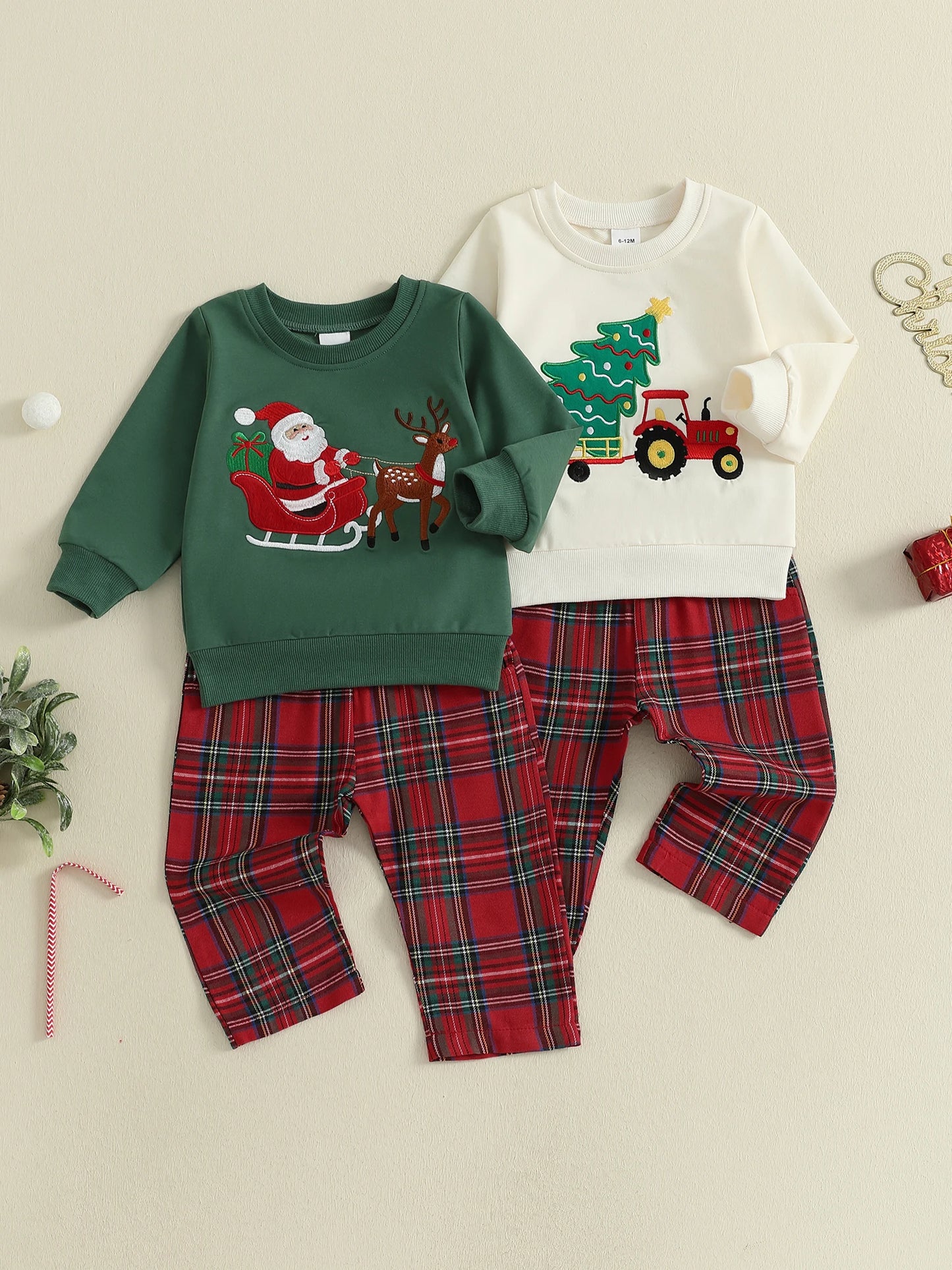 Premium BabyBoyHoliday ChristmasReindeer AppliqueKnit Sweater Tartan Jogger TwoPiece OutfitSet Collection