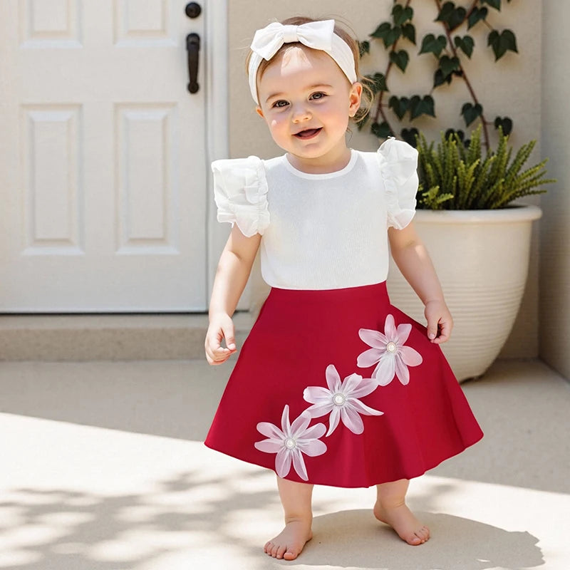 Emmababy Girls Summer Outfit Set Floral Skirt T Shirt Kids