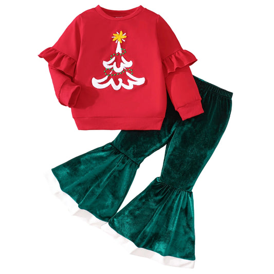 CN Guangdong Yuletide ApparelBundle Set With EmbroideredTreeSweatshirtPantsForKids
