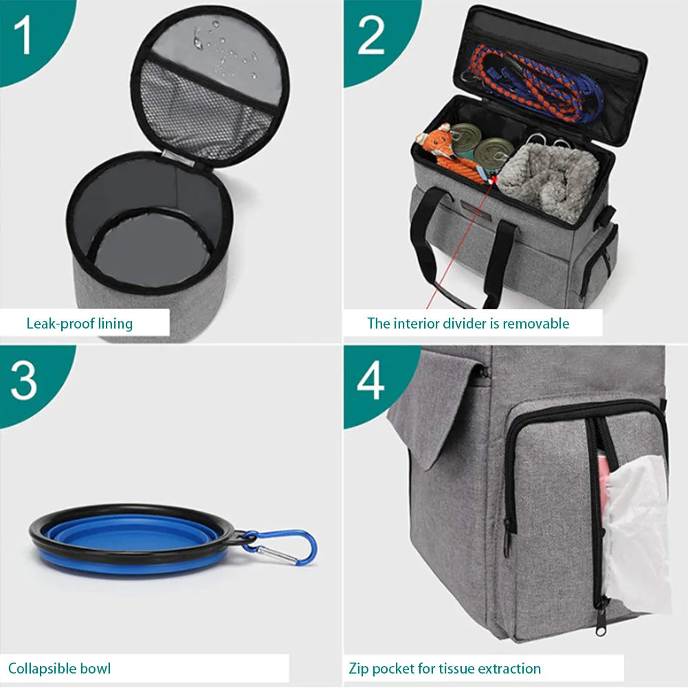 Dog Travel Backpack Organizer with Food Bags and Bowls