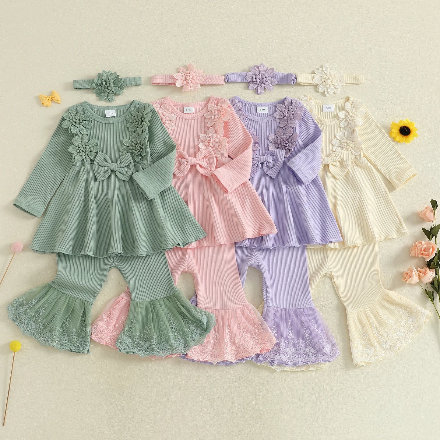Girls Flower Bow Sweatshirt and Pants Clothing Set