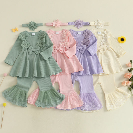 Girls Flower Bow Sweatshirt and Pants Clothing Set