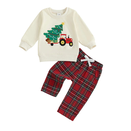 Premium BabyBoyHoliday ChristmasReindeer AppliqueKnit Sweater Tartan Jogger TwoPiece OutfitSet Collection