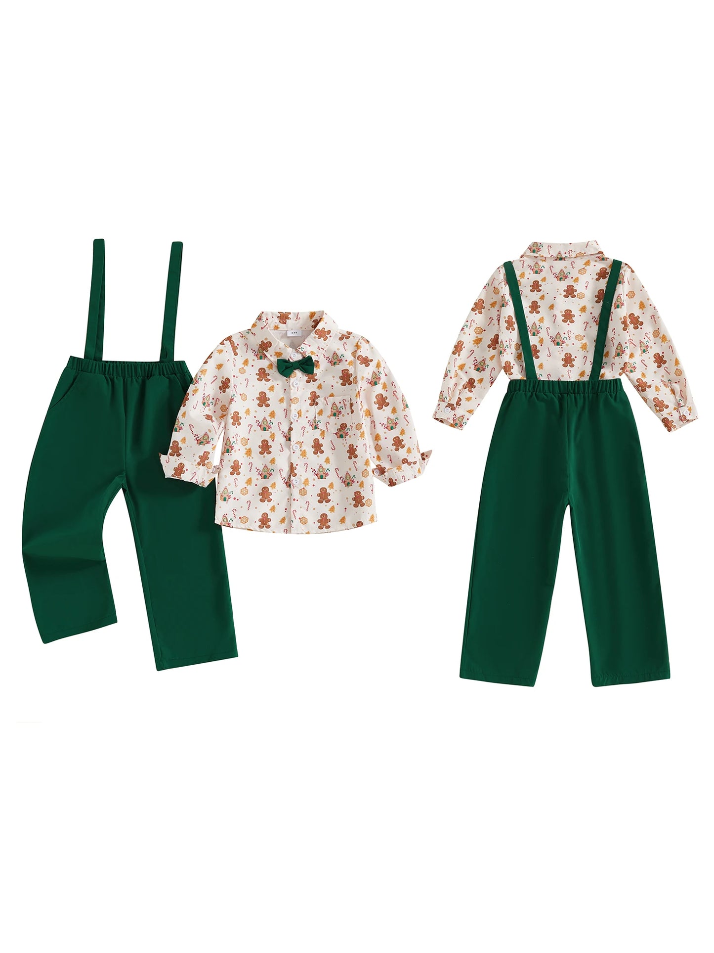 Guangdong Gingerbread Print Shirt And Overalls Set For Boys