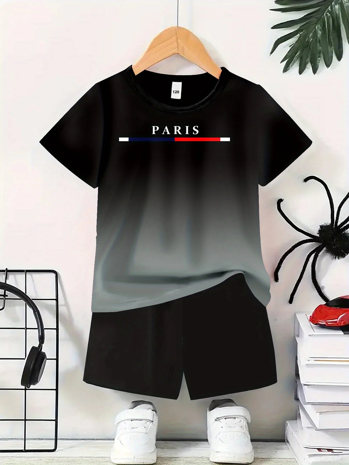 CN Jiangxi Boys Paris Print Polyester T Shirt And Shorts