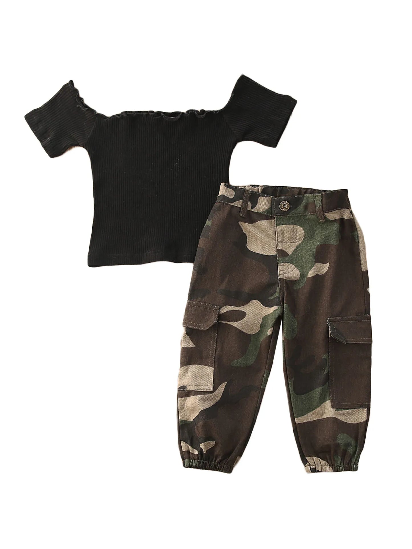 Pudcoco Toddler Girl Boat Neck Crop Top Camouflage Pants