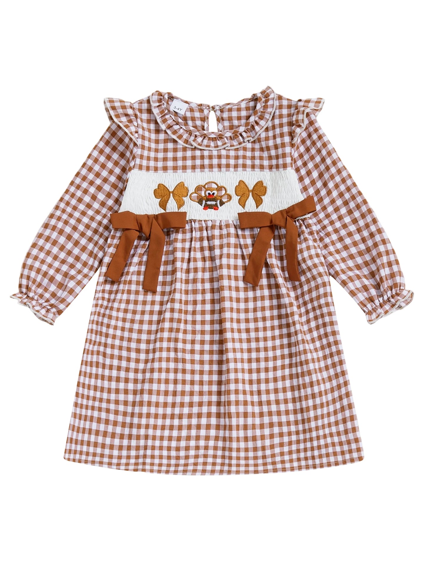 Girls Plaid Embroidery Turkey Thanksgiving Dress With Long Sleeve