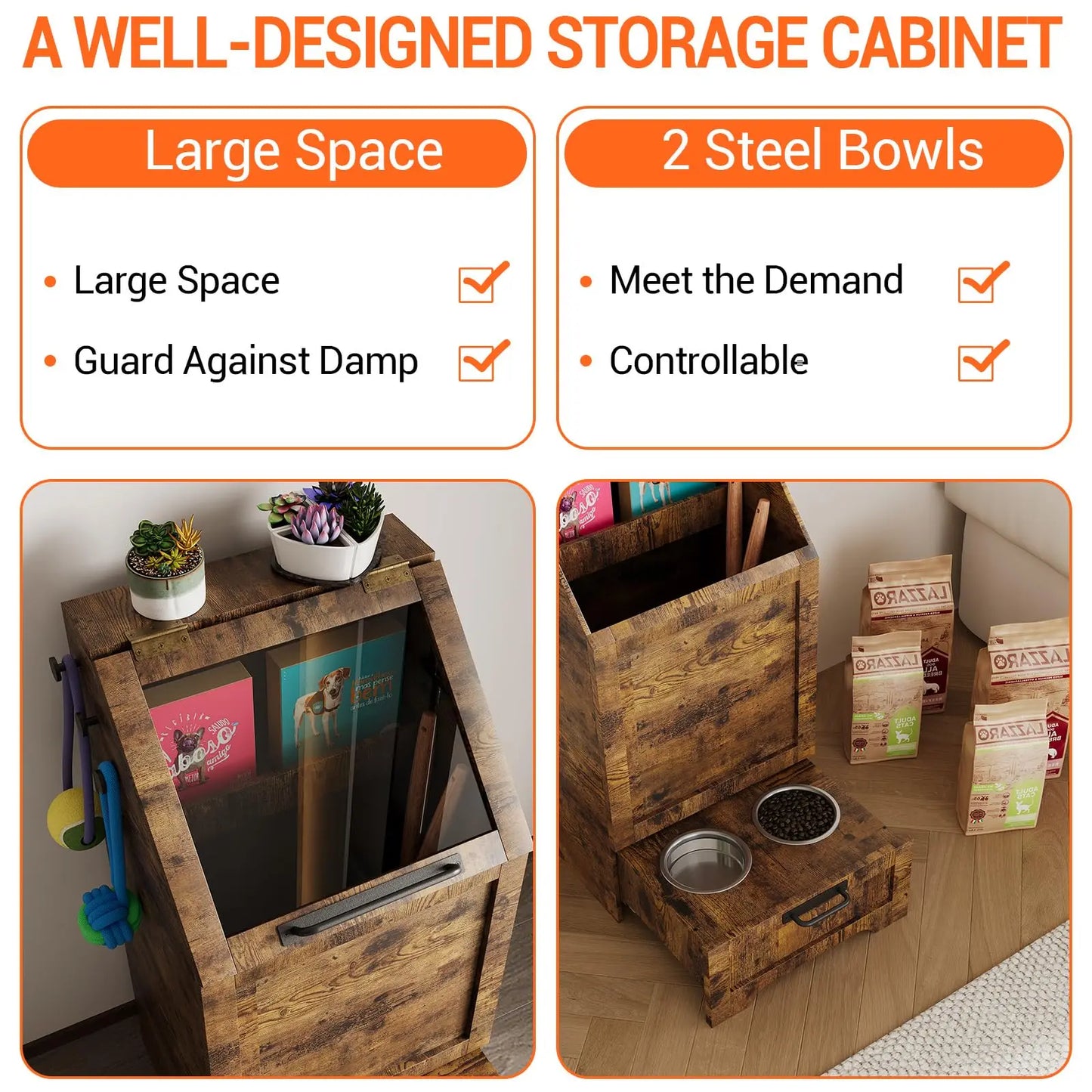 Dog Food Storage Cabinet With Flip Top And Leash Hooks