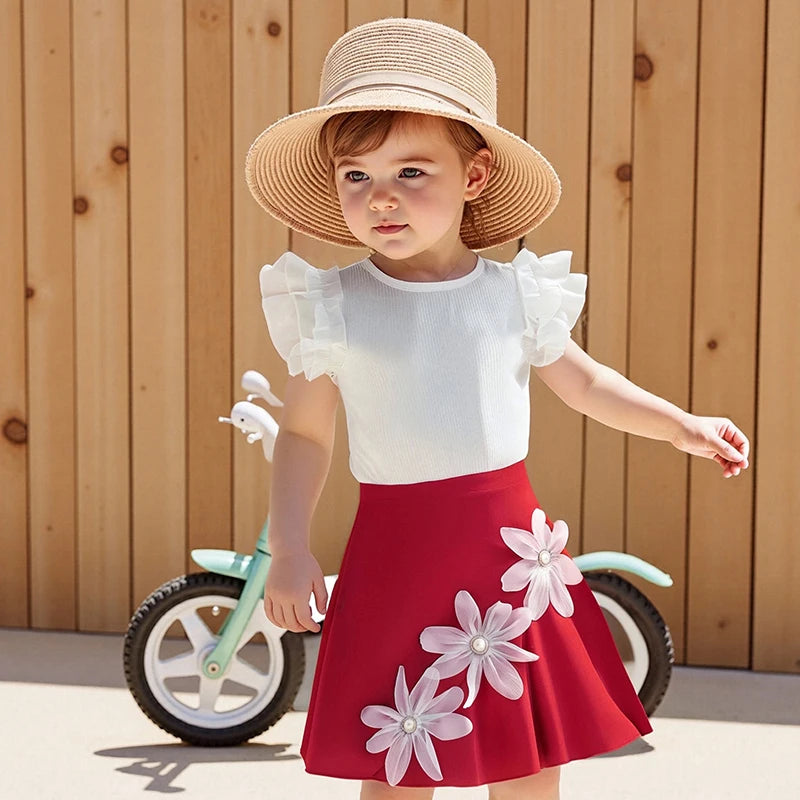 Emmababy Girls Summer Outfit Set Floral Skirt T Shirt Kids