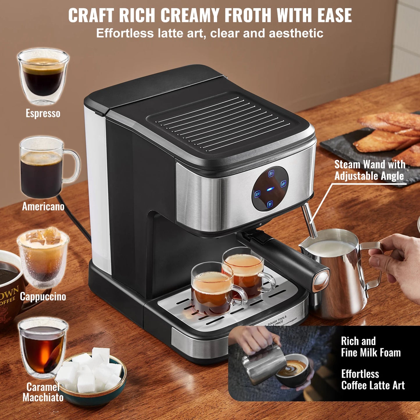 VEVOR 15 Bar Espresso Machine with Milk Frother Steam Wand