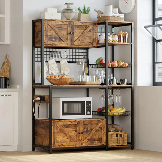 Bakers Rack With Power Outlet And Storage Cabinets